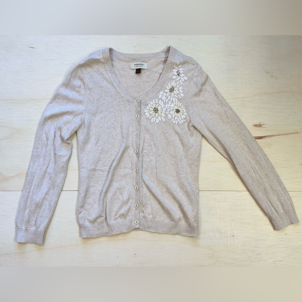 VTG Sonoma Life + Style Cotton Cardigan Beige Floral Ribbon Embroidery Beads S